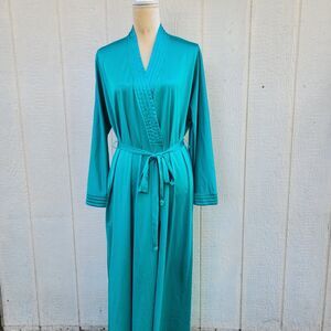 Vintage Vanity fair long satinrobe tie waist teal wmns sz med